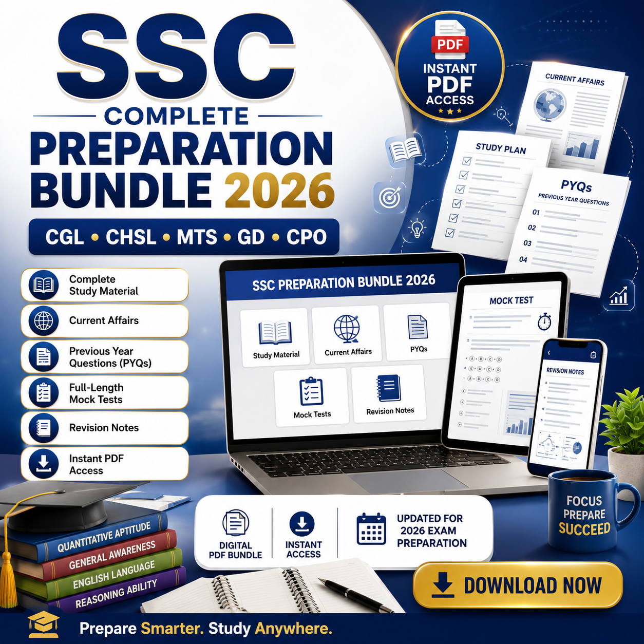 SSC Complete Preparation Bundle 2026 | CGL, CHSL, MTS, GD &amp; CPO Study Material + Current Affairs, PYQs, Mock Tests &amp; Revision Notes (Instant PDF)