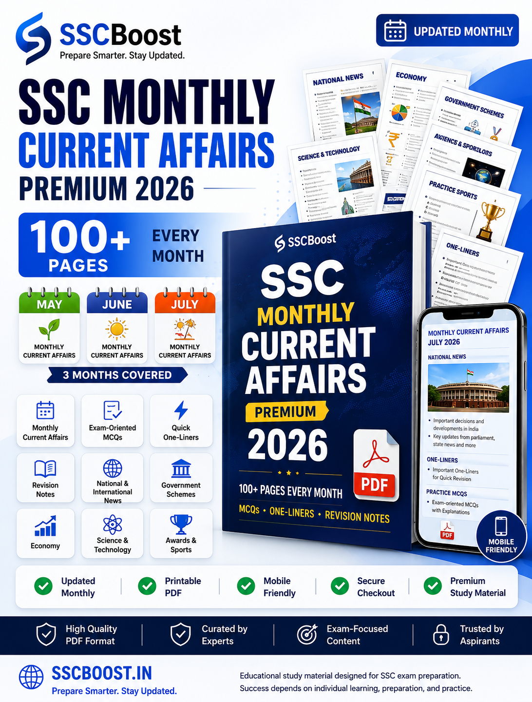 SSC Monthly Current Affairs Premium 2026 | 100+ Page Monthly PDF with MCQs, One-Liners & Revision Notes (Instant Download)
