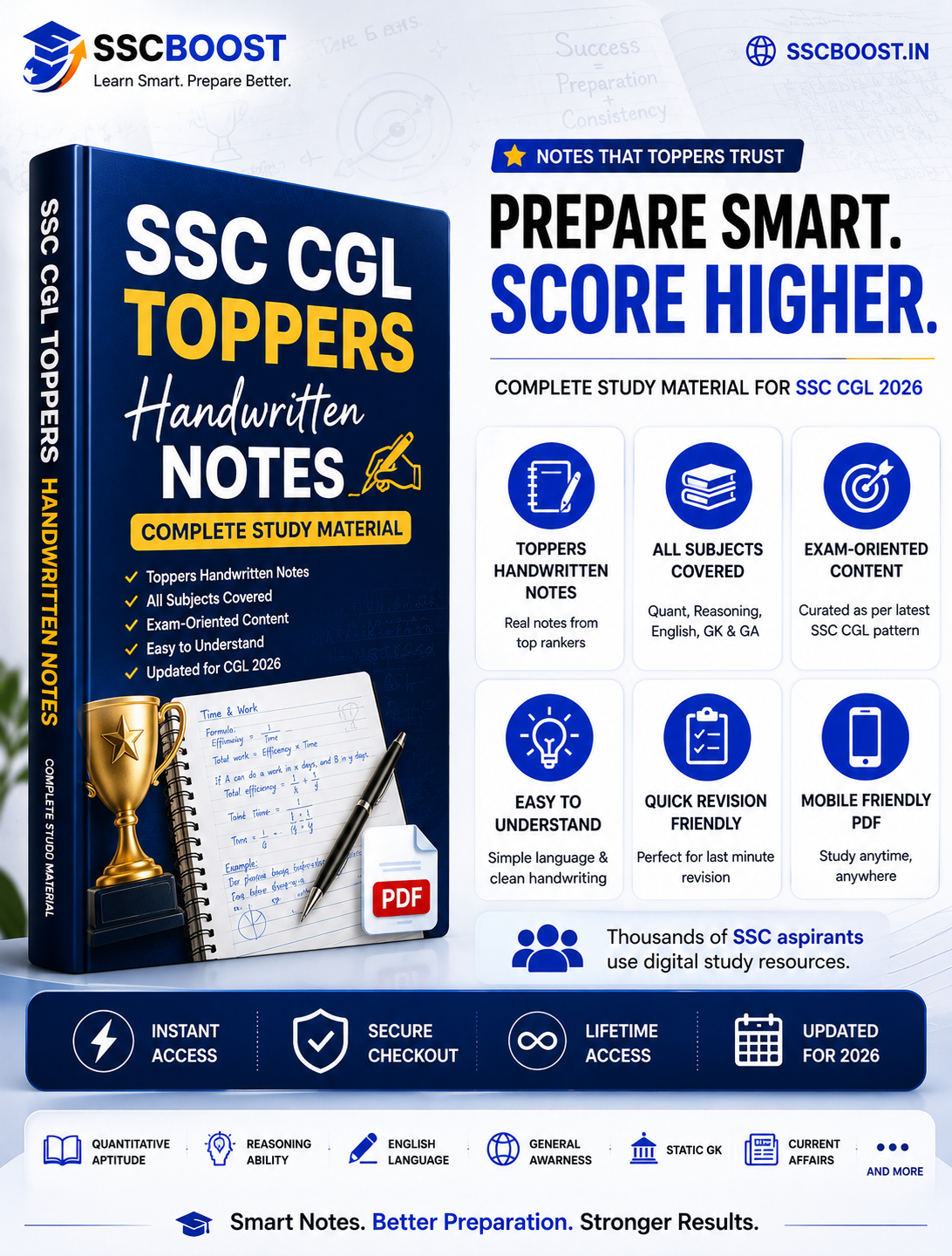 SSC CGL Topper's Strategy Blueprint & Core Notes Pack 2026 | Formula Sheets, Grammar & GK Notes (Instant PDF)