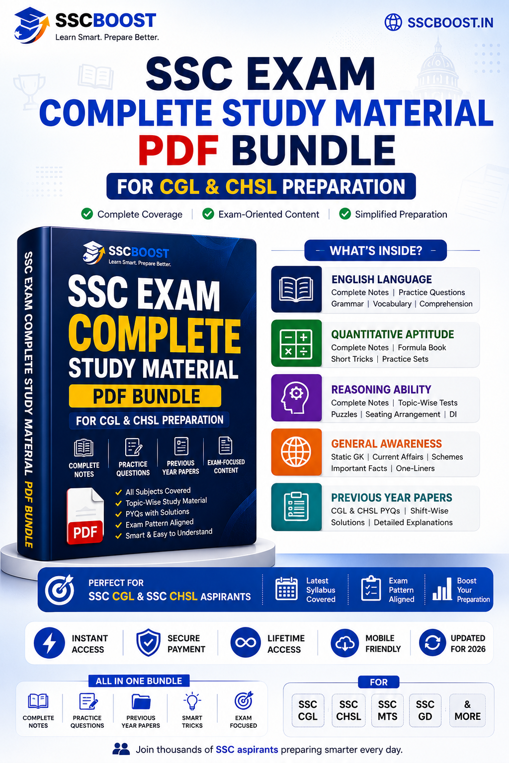 SSC CGL & CHSL Complete Foundation Study Material 2026 (Digital PDF) – Maths, Reasoning, English & GK Notes