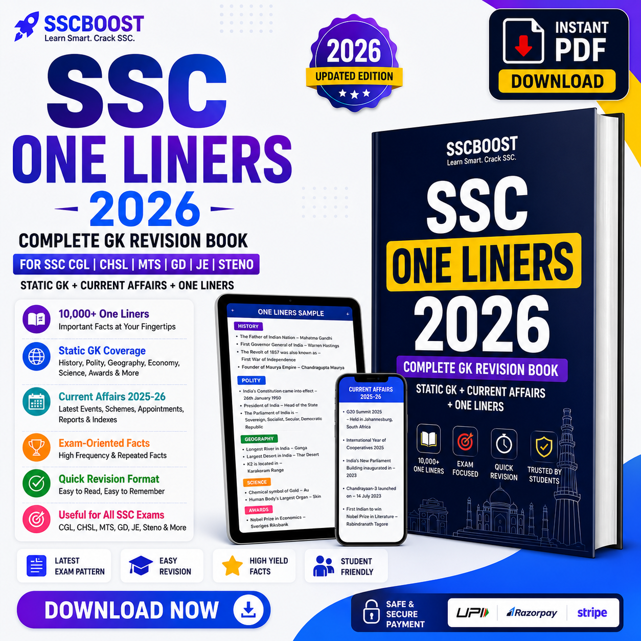SSC One Liners 2026 | Complete GK Revision Book for SSC CGL, CHSL, MTS, GD, Static GK, Current Affairs &amp; Instant PDF Access