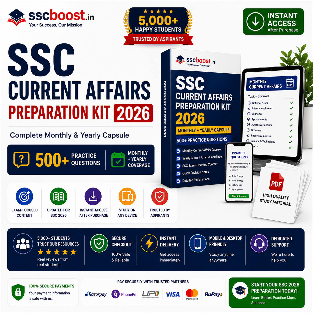 SSC Current Affairs Preparation Kit 2026 – Monthly & Yearly Capsule | 500+ MCQs | Instant PDF Access