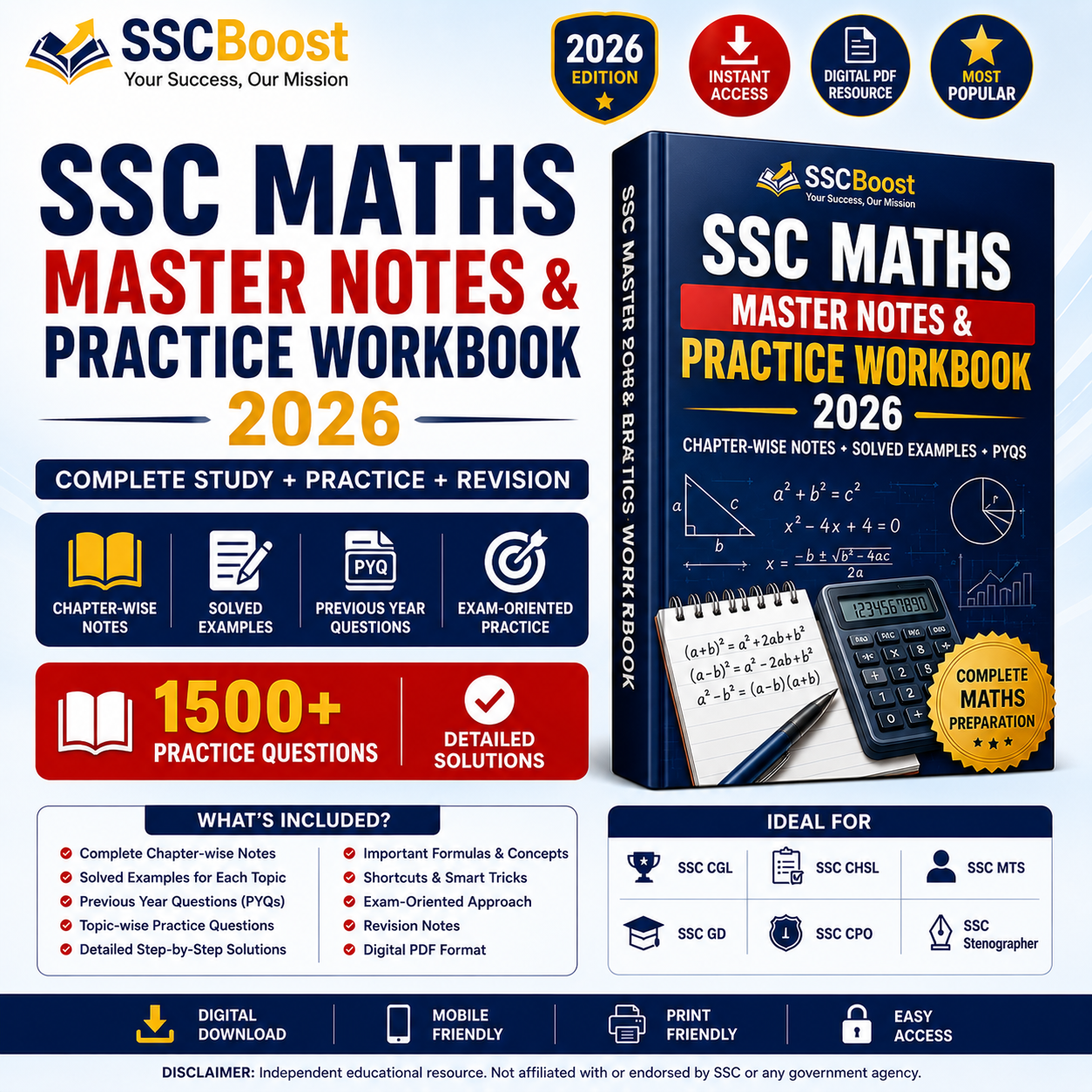 SSC Maths Master Notes & Practice Workbook 2026 | Chapter-wise Notes + Solved Examples + PYQs | Instant PDF