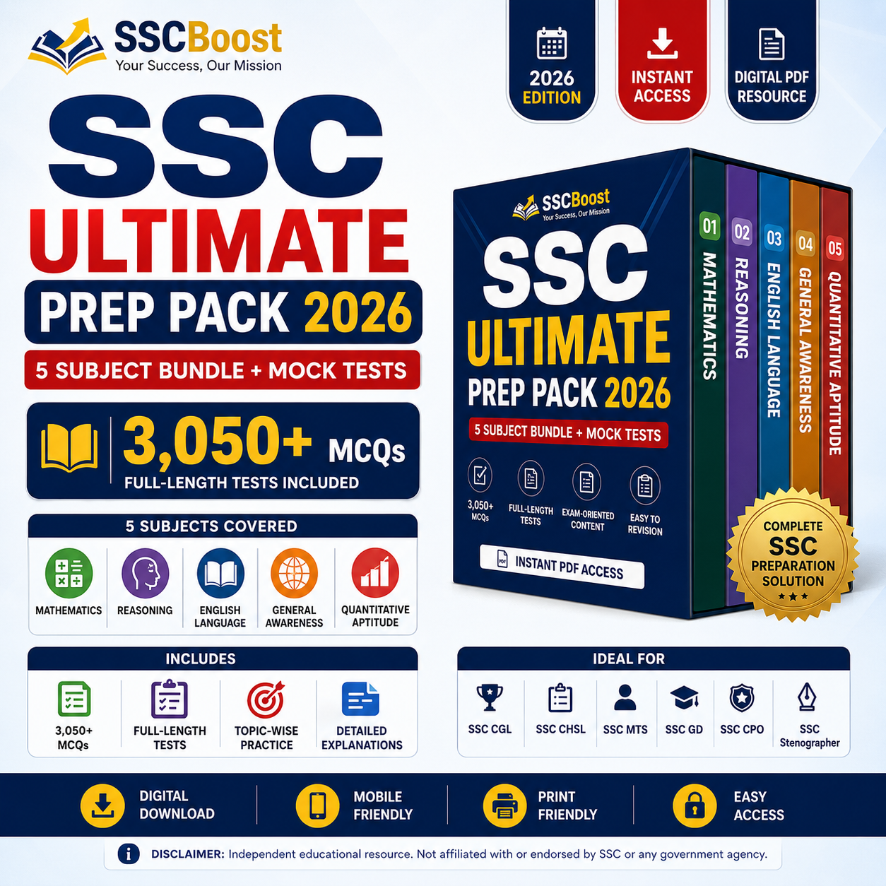 SSC Ultimate Prep Pack 2026 – 5 Subject Bundle + Mock Tests | 3,050+ MCQs + Full-Length Tests | Instant PDF Access