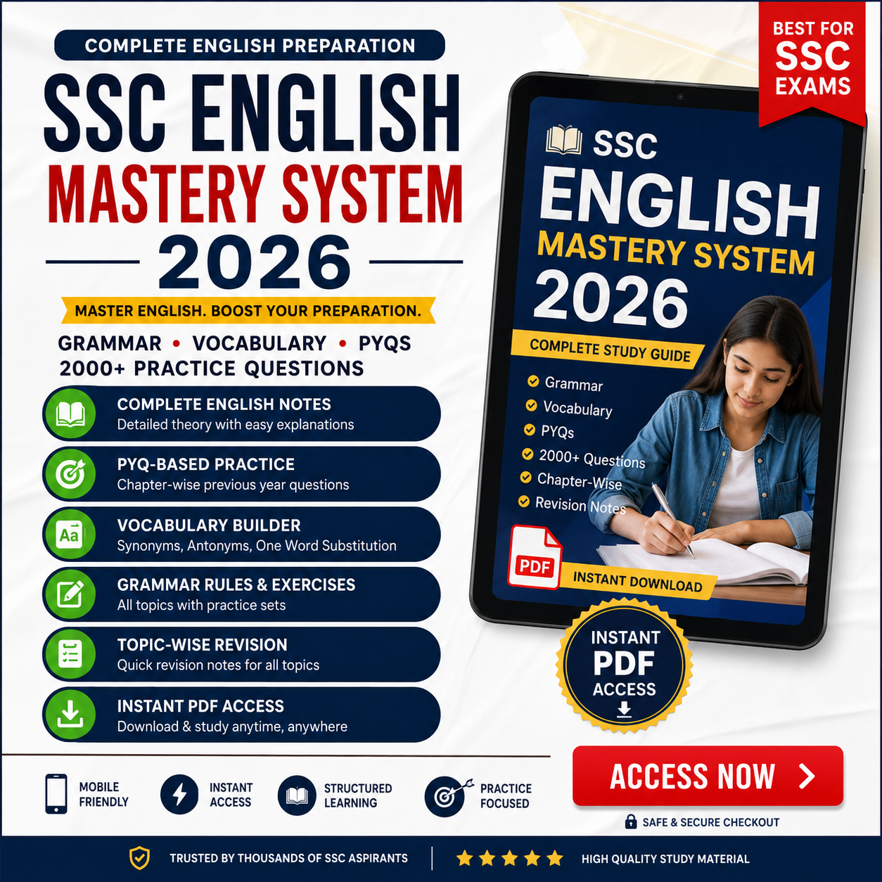 SSC English Mastery System 2026 | English Notes, Grammar, Vocabulary, PYQs & 2000+ Practice Questions | SSC CGL, CHSL, GD, MTS | Instant PDF Access