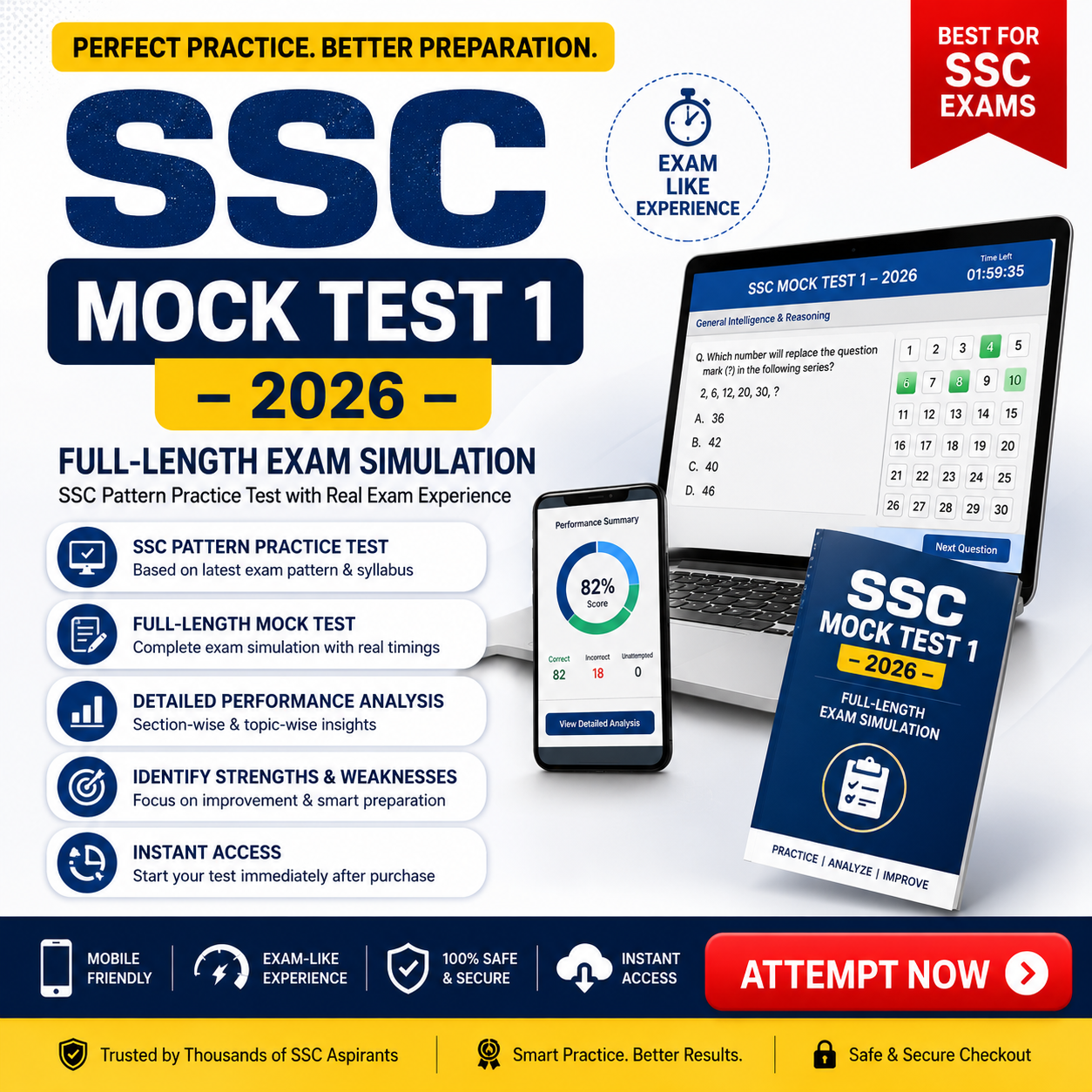 SSC Mock Test 1 – 2026 Full-Length Exam Simulation | SSC Pattern Practice Test, Real Exam Experience, Performance Analysis & Instant Access
