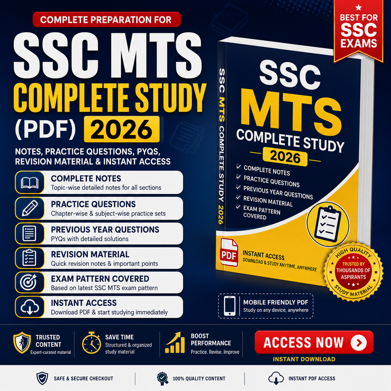 SSC MTS Complete Study  (PDF)  2026 | Notes, Practice Questions, PYQs, Revision Material & Instant Access
