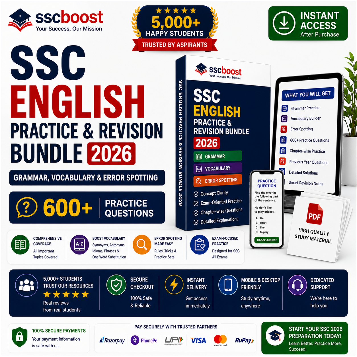 SSC English Practice & Revision Bundle 2026 – Grammar, Vocabulary & Error Spotting | 600+ MCQs | Instant PDF Access