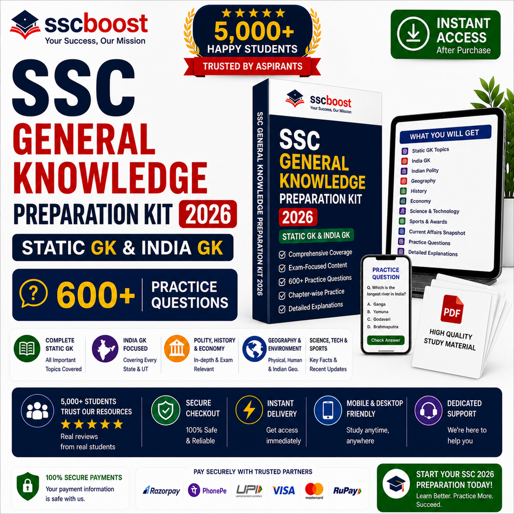 SSC General Knowledge Preparation Kit 2026 – Static GK & India GK | 600+ MCQs | Instant PDF Access