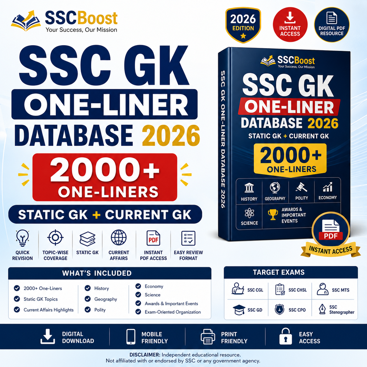 SSC GK One-Liner Sheet 2026 Hindi Medium – 1000+ Facts | Static & Current GK | Instant Access