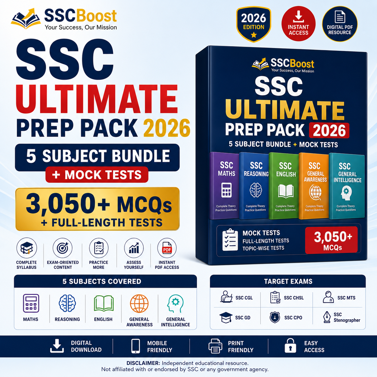 SSC Ultimate Prep Pack 2026 – 5 Subject Bundle + Mock Tests | 3,050+ MCQs + Full-Length Tests | Instant PDF Access